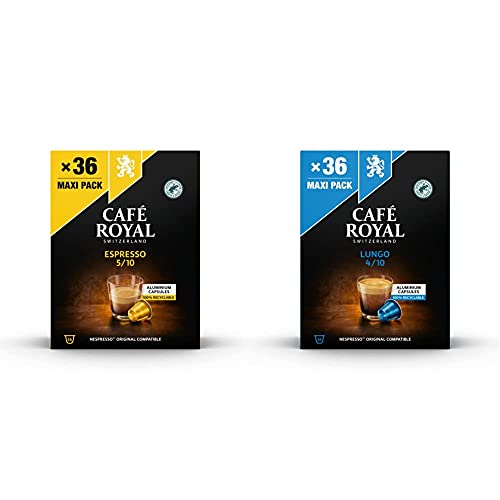 Café Royal 36 Espresso Nespresso®* kompatible Kapseln aus Aluminium - Intensität 5/10-36 Kaffeekapseln & 36 Lungo Nespresso®* kompatible Kapseln aus Aluminium - Intensität 4/10-36 Kaffeekapseln von Café Royal