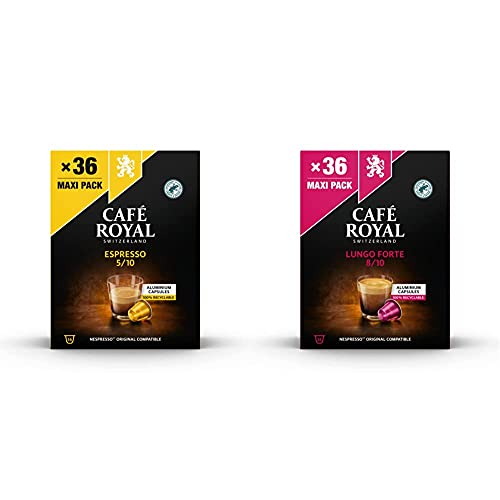 Café Royal 36 Espresso Nespresso®* kompatible Kapseln aus Aluminium - Intensität 5/10 - Großpackung 36 Kaffeekapseln - UTZ-zertifiziert & Lungo Forte 36 Nespresso (R)* von Café Royal