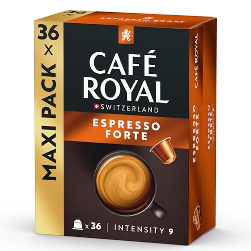 Café Royal, Espresso Forte, 36 Nespresso (R) kompatible Kapseln, 80 Prozent recycled Aluminium, Rainforest Alliance zertifiziert, 100 Prozent Arabica Kaffee, Intensität 9 von Café Royal