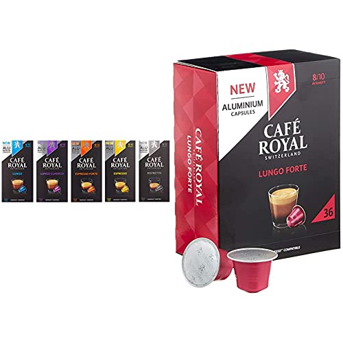 Café Royal Probierbox Classic - 50 Nespresso* kompatible Kapseln aus Aluminium, 5 Sorten (5 x 10 Aluminium Kapseln) & Lungo Forte 36 Nespresso®* kompatible Kapseln aus Aluminium, Intensität 8/10 von Café Royal