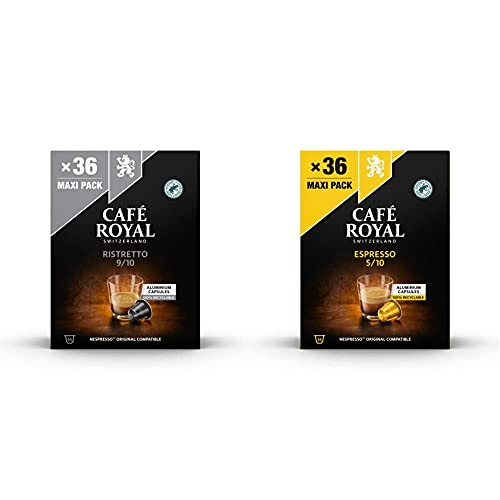 Café Royal Ristretto 36 Nespresso®* kompatible Kapseln aus Aluminium, Intensität 9/10 & 36 Espresso Nespresso®* kompatible Kapseln aus Aluminium - Intensität 5/10 - Großpackung 36 Kaffeekapseln von Café Royal
