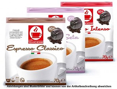 Probierset - 50 Stück Kompatible Kaffeekapseln von Caffè Bonini Italien - 5 Geschmacksrichtungen ( Je 10 Kapseln ). Kompatibel für alle Dolce Gusto®* Maschinen u.a. Grundpreis pro 100g: 3,50€ von Caffè Bonini