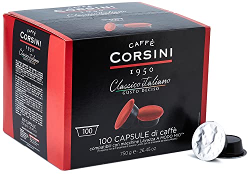 Caffè Corsini - Classico Italiano. Packung mit 100 kompatiblen Lavazza* a Modo Mio* Kapseln mit 7,5 Gramm gemahlenem Kaffee von Caffè Corsini