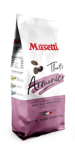 Caffè Musetti, Kaffeebohnen Harmonische Mischung, Intensität 4/5 mit Noten von Kakao und Haselnuss, Arabische Qualität und robust, mit einem intensiven und ausgewogenen Geschmack, voller und von Caffè Musetti