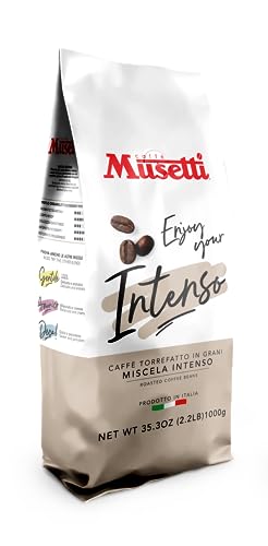 Caffè Musetti, Kaffeebohnen Intensive Mischung, Intensität 5/5 mit Noten von Kakao und Gebäck, Arabische und robuste Qualität, mit kräftigem und cremigem Geschmack, weicher und würziger Nachgeschmack, von Caffè Musetti
