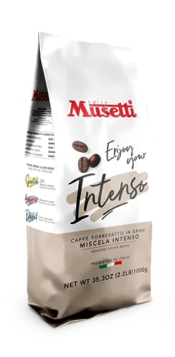 Caffè Musetti, Kaffeebohnen intensive Mischung, Intensität 5/5 mit Noten von Kakao und Gebäck, Arabische Qualität und robust, mit einem klaren und cremigen Geschmack, weicher und würziger von Caffè Musetti