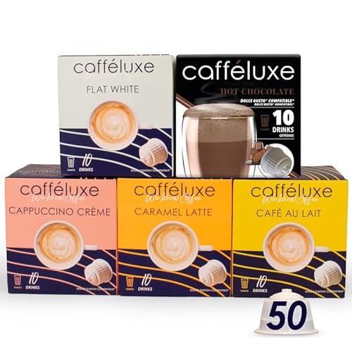 CaffeLuxe Single Dienen Verschiedene Prämie-Kaffeepads - Flache weiße, heiße Schokolade, Capuccino-Creme - Dolce Gusto-kompatible Pads (50 Pads, 50 Portionen) von cafféluxe