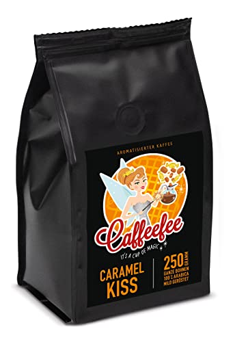 Caffeefee Caramel Kiss, ganze Bohnen, aromatisierter Röstkaffee aus 100% Arabica, mild geröstet, veredelt mit feinem Aroma, 250 g von Caffeefee
