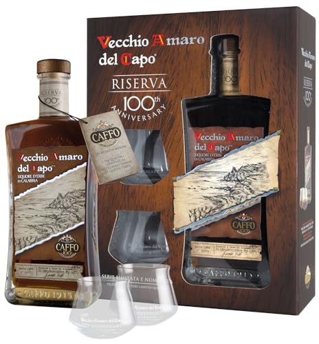 Vecchio Amaro Del Capo Riserva Likörmix Box mit 2 Gläsern, Spirituose, Alkohol, Flasche, 37.5%, 700 ml, 001/RSV-C2 von Vecchia Amaro del Capo