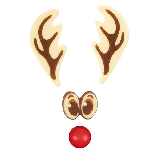 Schokoladendeko "Red nose Reindeer" | 54 Sets | Dekorative Schokolade für Kuchen- und Backkreationen | Nase 22mm,Augen 35mm Geweih 75mm von Cake Company
