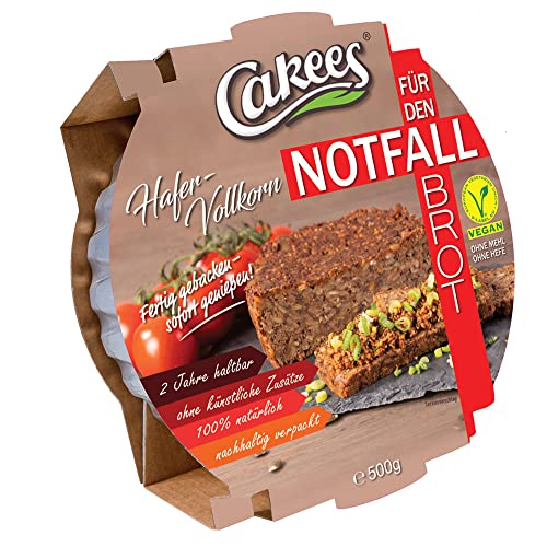 Cakees Notfallbrot Hafer-Vollkorn, vegan, ohne Mehl & ohne Hefe, 2 Jahre haltbar (1 x 500g) von Cakees