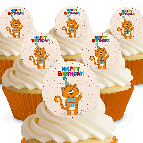 Cakeshop Kuchendekoration, Motiv "Happy Birthday", Tiger, essbar, vorgeschnitten, Premium-Qualität 12 x Pre-cut Premium Wafer Paper Toppers Cakeshop Kuchendekoration, Motiv "Happy Birthday", Tiger, essbar, vorgeschnitten, Premium-Qualität 12 x Pre-cut Premium Wafer Paper Toppers von Cakeshop