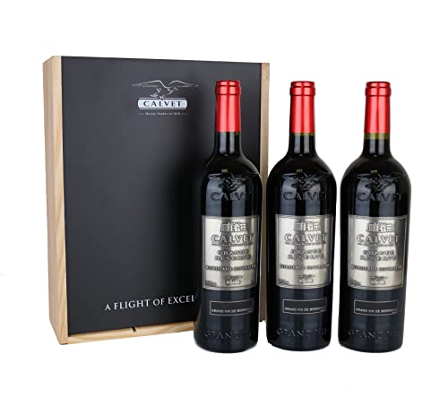 Calvet - Wein Geschenk 3 Flaschen Rotwein Grande Réserve, Bordeaux Supérieur in Holzkiste (3 x 0.75 L) von Calvet