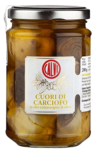 Calvi - Artischockenherzen in nativem Olivenöl extra, 280 g Glas, mit einem Schuss Essig, mit fein gehackter Minze und Knoblauch verfeinert, als Beilage zu rohem oder gekochtem Schinken von Calvi