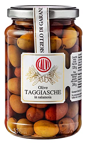 Calvi - Taggiasca Oliven in Salzlake, mit Stein, 360 g Glas, ideal in Salaten, auf einer Antipasti-Platte, als Zutat in Nudelsalaten oder als Topping auf Bruschetta von Calvi