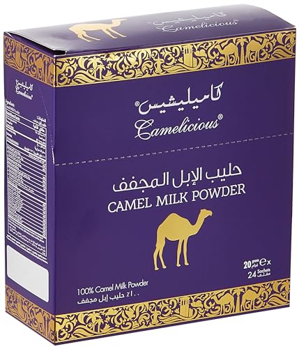 100% reines Kamelmilchpulver aus den Emiraten / Garantiert ohne künstliche Zusätze / Display Karton 24 Sachets a 20 Gramm (480 Gramm) für den täglichen Trinkgenuss oder als Geschenk von Camelicious