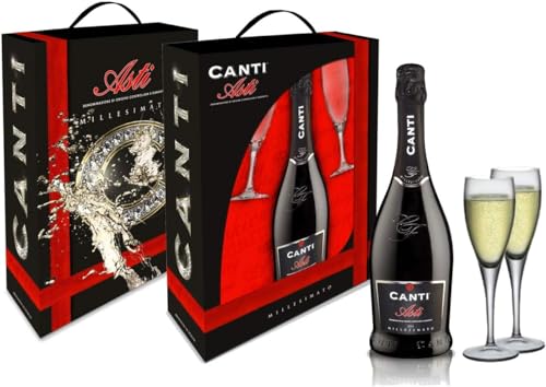 Canti - Weißer D.O.C.G. Millesimato, Spumante Sektwein, Moscato d'Asti, Geschenkpackung mit zwei gläsern, italienische traubensorte aus Piemont, fruchtiger und aromatischer Geschmack, 1x750 ml von CANTI