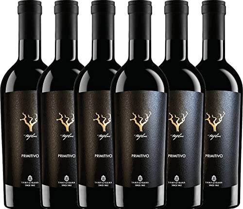VINELLO 6er Weinpaket Primitivo - Trefilari Primitivo 2021 - Cantina Sampietrana mit einem VINELLO.weinausgießer | 6 x 0,75 Liter von Cantina Sampietrana