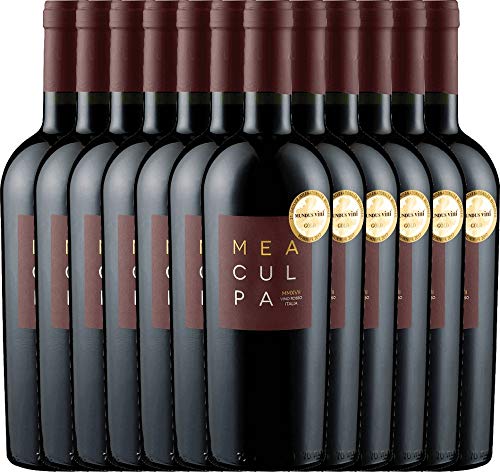 VINELLO 12er Weinpaket Rotwein - MEA CULPA Vino Rosso Italia - Cantine Minini mit einem VINELLO.weinausgießer | halbtrockener Rotwein | italienischer Wein aus Apulien und Sizilien | 12 x 0,75 Liter von Cantine Minini