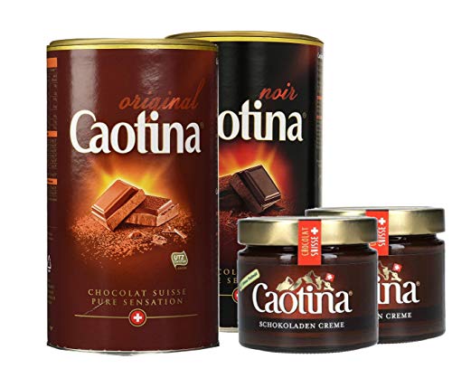Caotina Original und Noir dunkle Zartbitter-Trinkschokolade Pulver (2x 500g) und Caotina Original Schokoladen Creme Brotaufstrich (2x300g), Schweizer Qualität, nachhaltig und zertifiziert von Caotina
