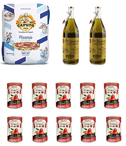 Testpaket Mehl Caputo Pizzeria Kg. 5 + 2x Farchioni Casolare Olio Extra Vergine Grezzo 1000 ml + Italian Gourmet Pelati 100% italienische geschälte Tomaten dosen 10 x 400g von Caputo