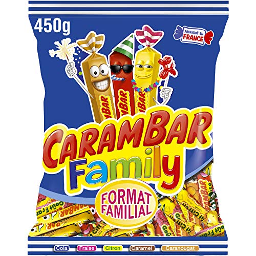 Carambar Family, gemischte Packung mit Stäbchen in den Geschmacksrichtungen: Zitrone, Erdbeer, Karamell, Caranougat und Cola, 450g von Carambar