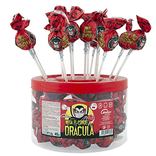 Caramelos Cerdán - Riesiger Lutscher El Conde Drácula Kirschgeschmack | Hartbonbons gefüllt mit Gummi gluten- und allergenfrei | Halloween-Süßigkeiten | Glas mit 45 Einheiten von Caramelos Cerdán