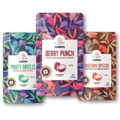Caraté Cascara Tee Set – 3 Sorten à 125g: Minty Breeze, Berry Punch, Cascara Special | Fruchtiger Energy Tee mit natürlichem Koffein | Kaffeekirsche (Cascara) | Qishr-Alternative von Caraté
