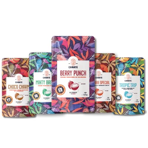 Caraté Cascara Tee Set – 5 Sorten à 125g: Minty Breeze, Berry Punch, Cascara Special, Tropic Trip, Choco Charm | Probierbox mit natürlichem Koffein | Energy Tee aus der Kaffeekirsche (Cascara) von Caraté