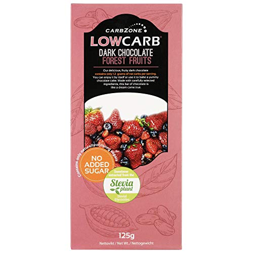 CarbZone Low Carb Dunkle Schokolade Waldfrüchte, Ohne Zuckerzusatz, Natürliche Süßstoffe, Kakaopulver, Gemischte Beeren, 125 Gramm (Pack of 3) von CarbZone