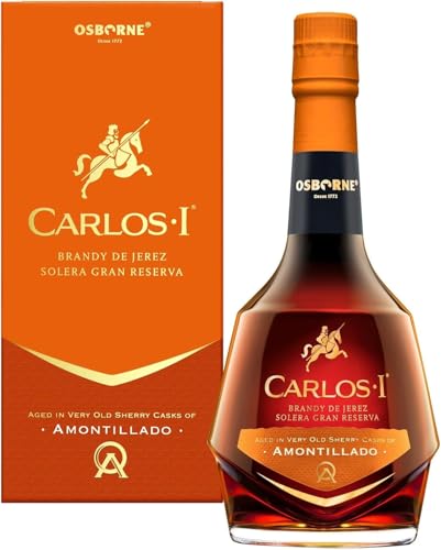 Carlos I Brandy de Jerez Amontillado – Solera Gran Reserva aus Spanien in hochwertiger Geschenkverpackung – gereift in 100-jährigen Solera-Fässern mit 40,3% vol. (1 x 0,7l) von Carlos I