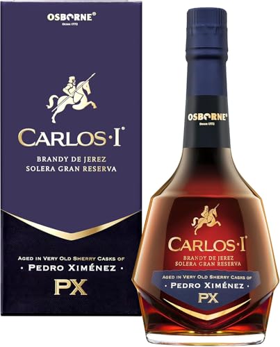 Carlos I Brandy de Jerez Pedro Ximénez – Solera Gran Reserva aus Spanien in hochwertiger Geschenkpackung gereift in 100-jährigen Solera-Fässern von PX Viejo mit 40,3% vol. (1 x 0,7l) von Carlos I