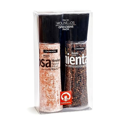 CARMENCITA - 2 Riesenmühlen-Pack | Himalaya-Rosa-Salz | Schwarzer Pfeffer | Salz und Gewürze zum Kochen | Frisch gemahlener schwarzer Pfeffer für Fleisch, Gemüse, Salate, Suppen | 560 g von Carmencita