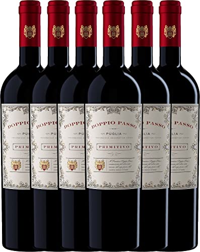 VINELLO 6er Weinpaket Primitivo - Doppio Passo Primitivo Puglia IGT 2021 - CVCB mit einem VINELLO.weinausgießer | 6 x 0,75 Liter von Casa Vinicola Carlo Botter