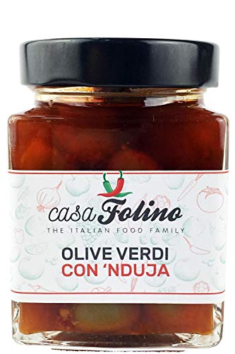 Grüne Oliven gefüllt mit würziger 'Nduja 290g - Casafolino - Die Oliven treffen den einzigartigen Geschmack der kalabresischen 'Nduja. von CasaFolino