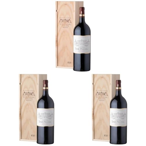 Geschenkbox Holzkiste - Magnumflasche Rotwein - Château Tour Prignac - AOP Medoc - 1,5 L (Packung mit 3) von Castel Chateaux Grands Crus