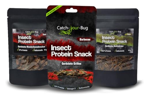 Insekten zum Essen 3er-Pack verzehrfertig von Catch-Your-Bug, essbare Heuschrecken Chili, Mehlwürmer Zatar & Grillen BBQ, essbare Insekten für Menschen 40g, High Protein Snack mit über 40% Protein von Catch-Your-Bug