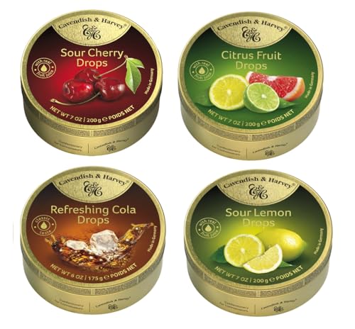 Cavendish & Harvey Sour Cherry Drops | Citrus Fruit Drops | Refreshing Cola Drops | Sour Lemon Drops Bonbons Vorteilspackung 4 x 200g/175g von Cavendish and Harvey