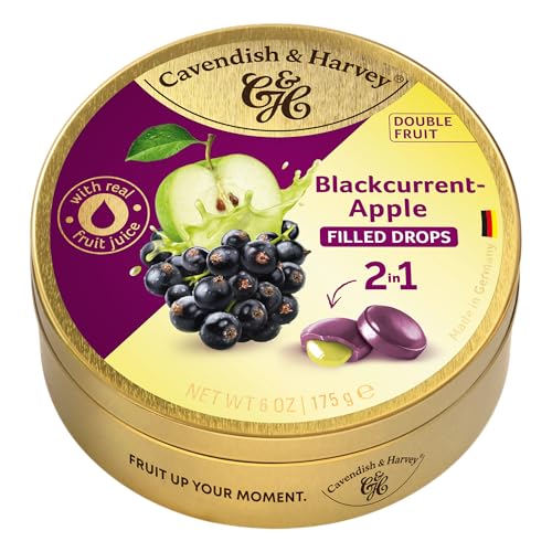 Cavendish & Harvey Double Fruit Drops Blackcurrant Apple 175g Dose | Schwarze Johannisbeere mit Apfelfüllung | Gefüllte Fruchtbonbons | Vegan, Halal, Koscher | 1 x 175g von Cavendish & Harvey