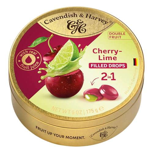 Cavendish & Harvey Double Fruit Drops Cherry Lime 175g Dose | Sauerkirsche mit Limettenfüllung | Gefüllte Fruchtbonbons | Vegan, Halal, Koscher | 1 x 175g von Cavendish & Harvey