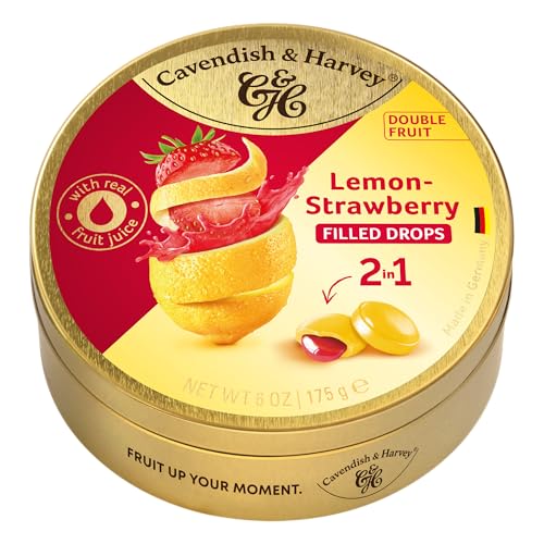 Cavendish & Harvey Double Fruit Drops Lemon Strawberry 175g Dose | Zitrone mit Erdbeerfüllung | Gefüllte Fruchtbonbons | Vegan, Halal, Koscher | 1 x 175g von Cavendish & Harvey