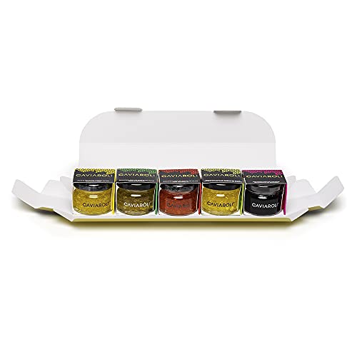 Caviaroli - Perlen aus Nativen Olivenöl Virgen Extra - Olive Oil in Caviar Form für Dressing & Garnierung - Set 5 Geschmacksrichtungen Virgen Extra, Chili, Basilikum, Wasabi & Balsamico Essig - 5x20 g von Caviaroli