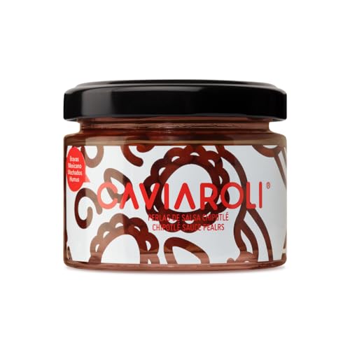 Chipotle Gourmet-Sauce-Perlen zum dressing oder zur dekoration, Glas 50g. Chipotle-Pfefferkügelchen in ihrem flüssigen Inneren zerplatzen im Mund, wenn man sie beißt. Würziger Geschmack mit rauchiger. Chipotle Gourmet-Sauce-Perlen zum dressing oder zur dekoration, Glas 50g. Chipotle-Pfefferkügelchen in ihrem flüssigen Inneren zerplatzen im Mund, wenn man sie beißt. Würziger Geschmack mit rauchiger. von Caviaroli