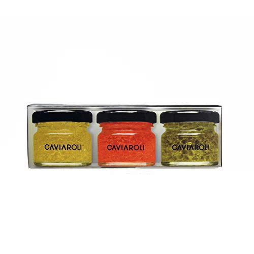 Caviaroli - Perlen aus Nativen Olivenöl Virgen Extra - Gourmet Olive Oil in Caviar Form für Dressing oder Garnierung - Set mit 3 Geschmacksrichtungen Virgen Extra, Chili & Basilikum - 3x20 g von Caviaroli