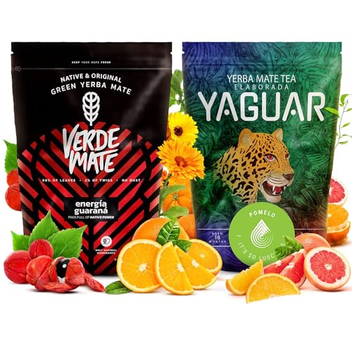 Doppelset Mate Tee 2x500g | Verde Mate Green Energia Guarana und Yaguar Pomelo | Stimulierende Mate Tee mit Guarana und Mate mit Früchten | Natürliches Koffein | Brasilianische Mate Tee | 1kg von Verde mate