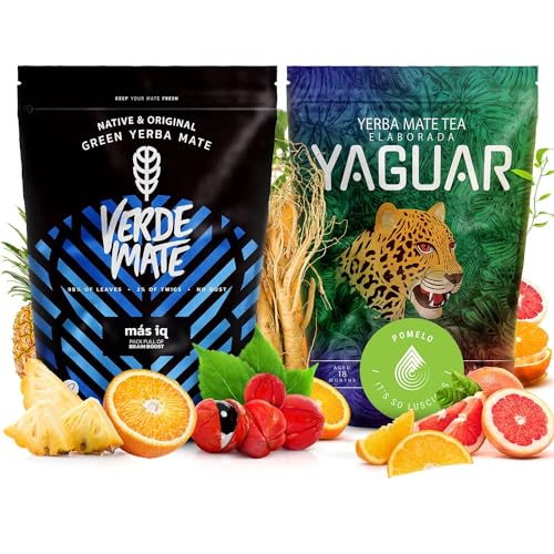 Doppelset Mate Tee 2x500g | Verde Mate Green Mas IQ und Yaguar Pomelo | Stimulierende Mate Tee mit Guarana und Mate mit Früchten | Natürliches Koffein | Brasilianische Mate Tee | 1kg von Verde mate