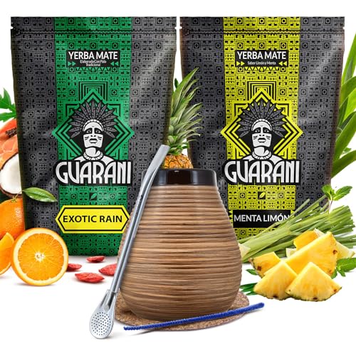 Guarani Mate Tee Set mit Zubehör | Zweierpack Mate Tee | Guarani Menta Limon und Exotic Rain | Kalebasse, Bombilla und Zubehör | Natürliches Koffein | Paraguayische Mate Tee | 2x500g | 1kg von Cebador