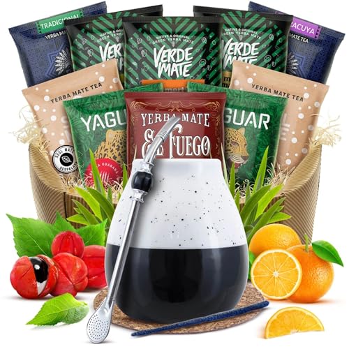 Mate Tee Geschenkset | Proben von Mate Tee und Zubehör | Yerba Mate Yaguar, Verde Mate, Soul Mate, Guarani, El Fuego | Kalebasse, Bombilla für Mate Tee | 10x50g | Natürliches Koffein | 500g | 0,5kg Mate Tee Geschenkset | Proben von Mate Tee und Zubehör | Yerba Mate Yaguar, Verde Mate, Soul Mate, Guarani, El Fuego | Kalebasse, Bombilla für Mate Tee | 10x50g | Natürliches Koffein | 500g | 0,5kg von Cebador