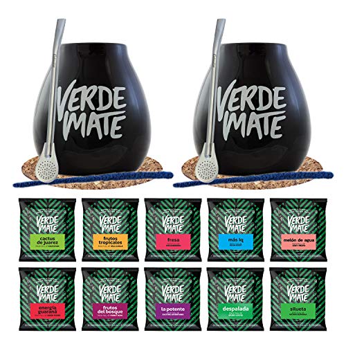Verde Mate Mate Tee Set mit Zubehör für zwei Personen | Proben von Verde Mate Grüne Mate Tee | 10x50g | Kalebasse, Bombilla und Zubehör | Brasilianische, grüne Mate Tee | Natürliches Koffein | 500g von Verde mate