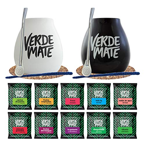 Verde Mate Mate Tee Set mit Zubehör für zwei Personen | Proben von Verde Mate Grüne Mate Tee | 10x50g | Kalebasse, Bombilla und Zubehör | Brasilianische, grüne Mate Tee | Natürliches Koffein | 500g von Verde mate